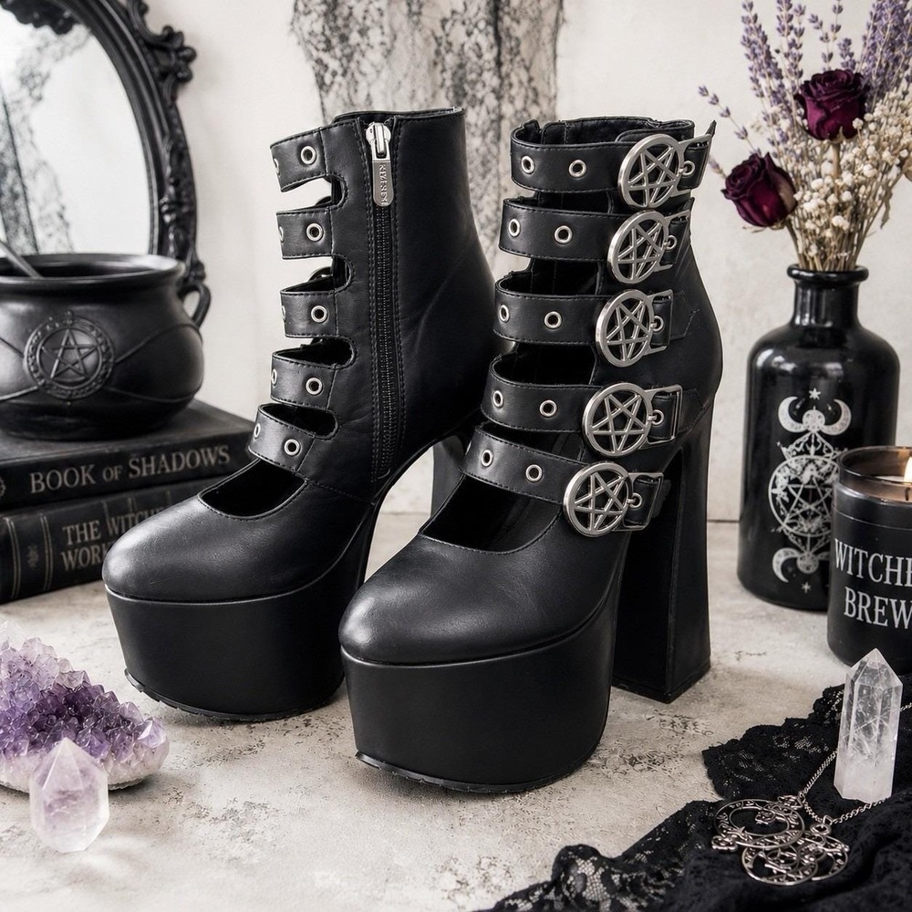 Sz 8 Kllstar Platform Heels Pentagram  Buckles Witchy Goth Punk Shoes Boots